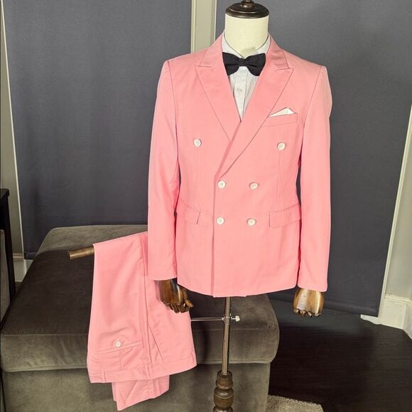 Men’s Pink Slim Fit 2 Piece Suit Double Breasted Peak Lapel Jacket 38 Pants 34 - Picture 1 of 13